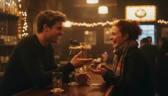 Een jongeman en een jonge vrouw hebben een spontane, lachende ontmoeting aan de toog van een gezellig, bruin café.