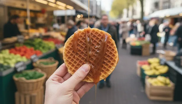 Een versgebakken stroopwafel wordt vastgehouden boven een kraam op de Albert Cuypmarkt, met de levendige markt wazig op de achtergrond.