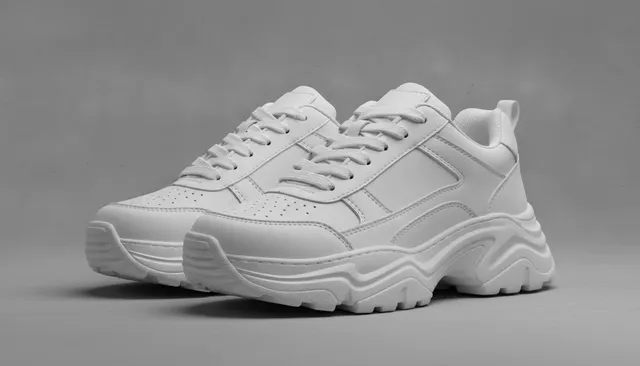 Een professionele, modieuze productfoto van de witte, chunky Zeeman-sneakers die viraal gingen op social media.