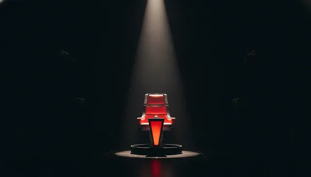 Een rode draaistoel van The Voice Kids staat leeg in de spotlights op een donker podium, symbool voor de start van Emma Koks carrière.