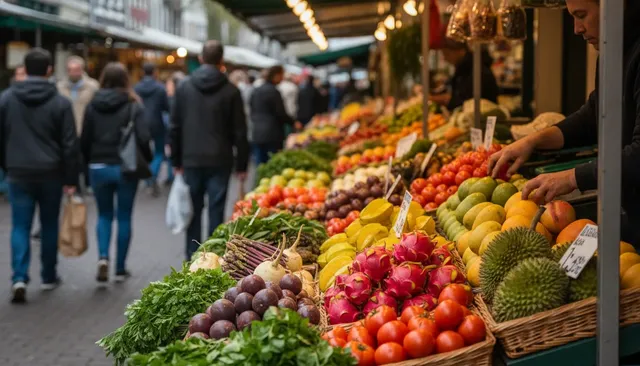 Een kraam vol met kleurrijk, vers fruit op de drukbezochte Albert Cuypmarkt in Amsterdam.