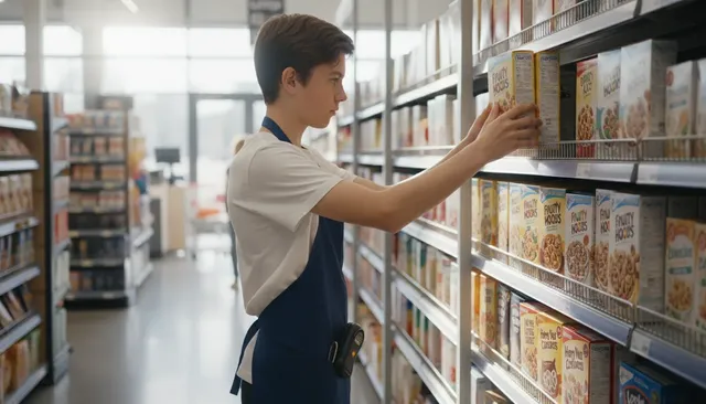 Een tiener vult vakken in een supermarkt en plaatst netjes producten in een schap; een voorbeeld van een bijbaan voor een 14-jarige.