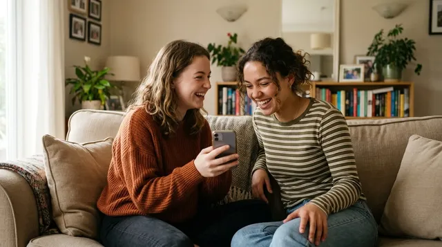 Twee vriendinnen lachen samen terwijl ze op een smartphone kijken in een gezellige woonkamer, wat het luchtig omgaan met roddels en de steun van vriendschap verbeeldt.