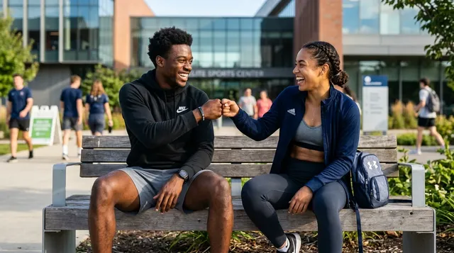 Een jonge mannelijke en vrouwelijke atleet lachen en geven elkaar een vriendschappelijke boks na een training, wat hun hechte, platonische band symboliseert.