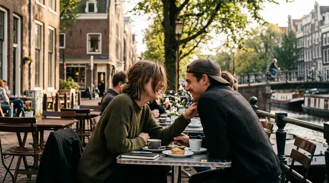 Een jong, modieus stel wordt van een afstandje gespot op een terras in Amsterdam, wat de geruchten over een geheime relatie tussen Antoon en prinses Alexia verbeeldt.