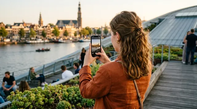 Een jonge vrouw maakt met haar telefoon een foto van het uitzicht over Amsterdam vanaf het zonnige, groene dakterras van museum NEMO.